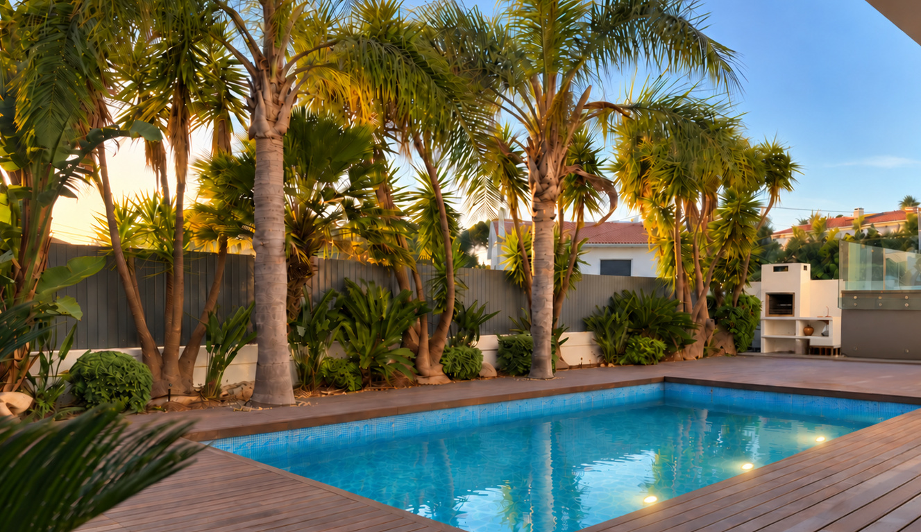 Piscina aquecida e jardim tropical